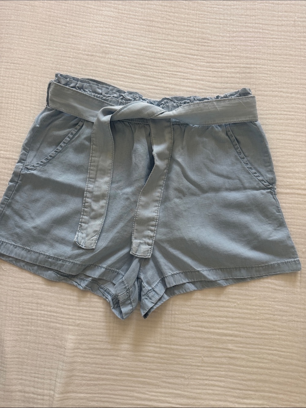 Mango Girl’s Light Blue Paperbag High-Waist Tie-Belt Shorts